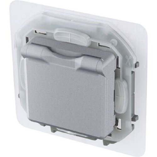 Розетка с заземлением без рамки Legrand Inspiria 1-м. крышка шторки IP44 алюминий картинка